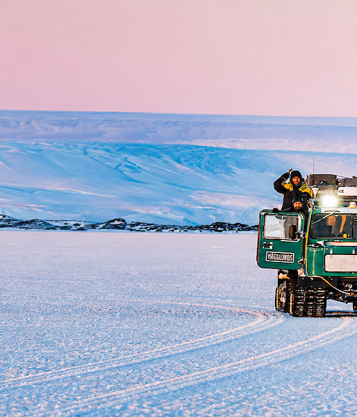 Expeditioners use a Hagglunds to travel across the ice