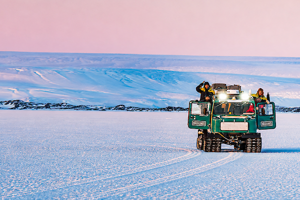 Expeditioners use a Hagglunds to travel across the ice