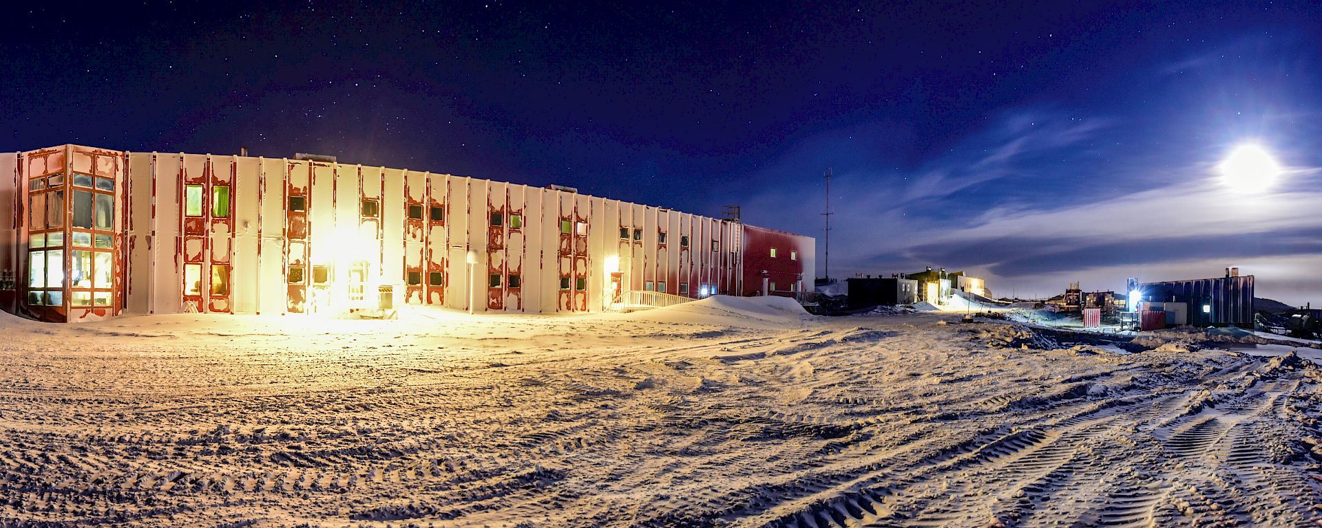 Panorama of Casey living quarters at night.