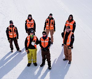 Group of six expeditioners in high visibility vests standing on ice.