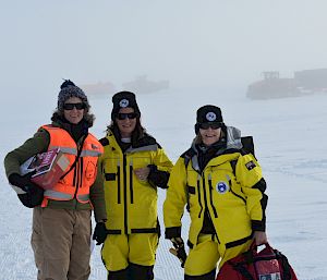 Three expeditioners at ice runway.