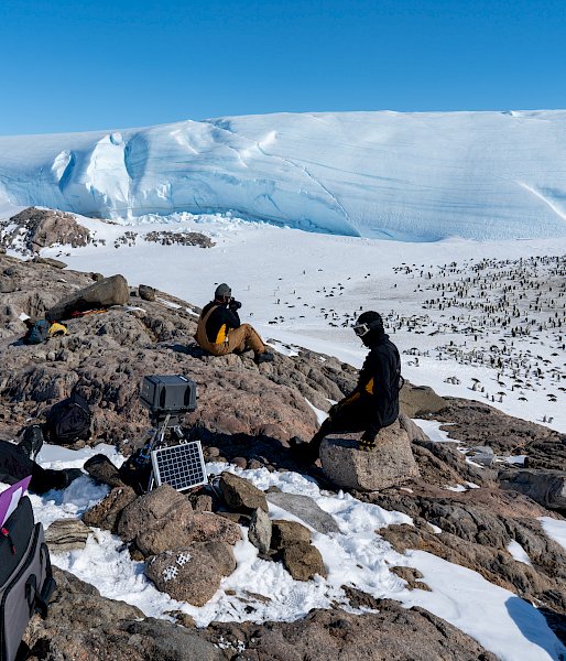 Expeditioners sit on the rocks above a penguin colony with a black box containing a camera. The ice below is covered with black and white birds.