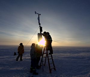 Silhouettes of four people installing equipment on the ice, with the sunset shining through from behind them.