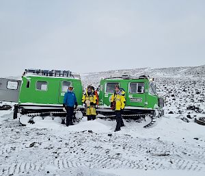 3 expeditioners stand in a snow-covered landscape next to a green tracked vehicle.