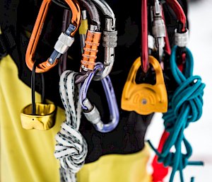 Close up view of ropes and climbing gear.