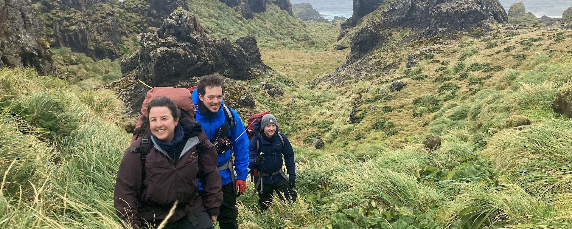 A small group of expeditioners walk through a lush, green landscape with steep rock formations. There is a bay in the distance.