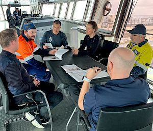 Pre-op briefing in the Bridge before deploying a whale mooring from RSV Nuyina.