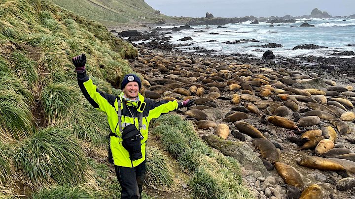 Expeditioner at Hurd Point on Macquarie Island with elephant seals behind him